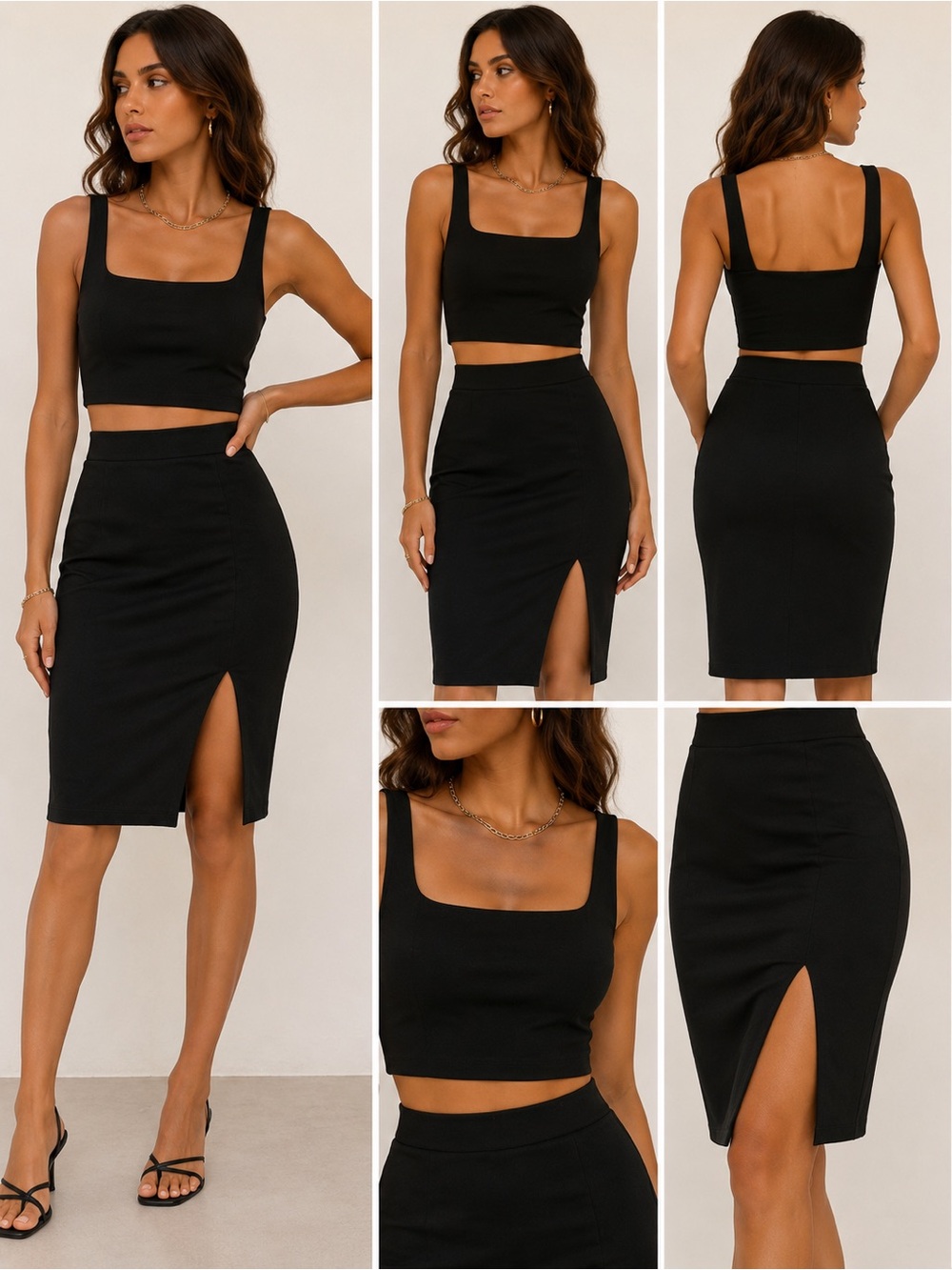 Black Two Piece Crop Top & Midi Pencil Skirt Set
